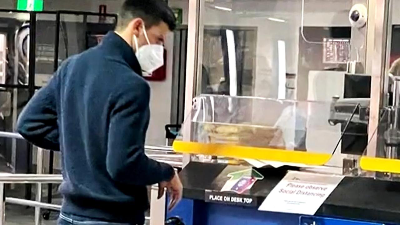 Novak Djokovic captured as he arrived into Australia and had his visa denied. Picture: Nine News