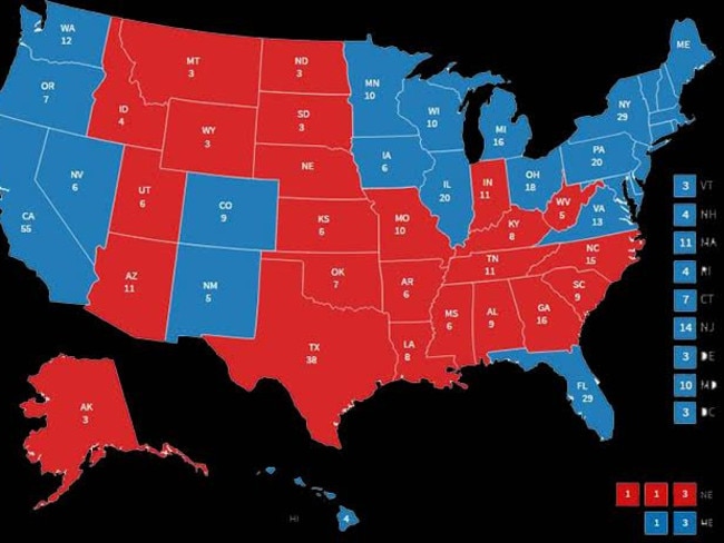 The electoral college map following Barack Obama’s win in 2012. Picture: Screengrab/Fox News