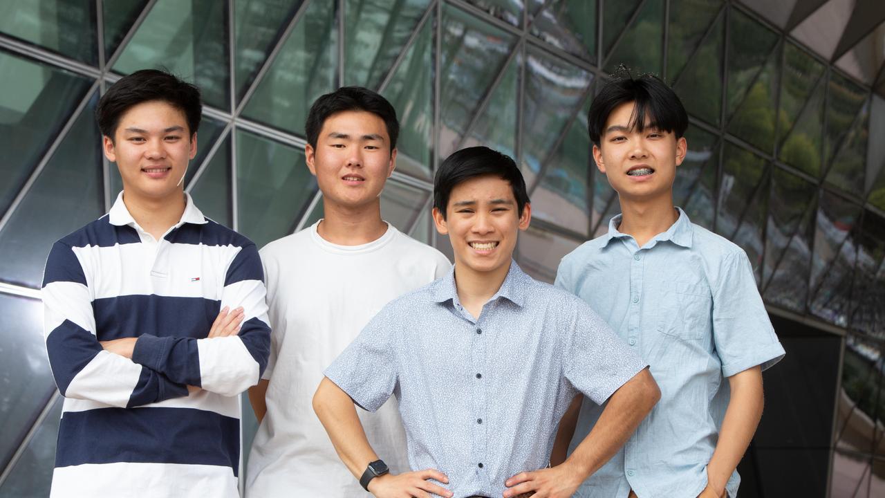 Governor of SA Commendation Award Recipients at SAHMRI. Darren Nguyen, Matthew Lim, Jason Lim and Melson Shi all received ATARs of 99.95. Picture: Brett Hartwig