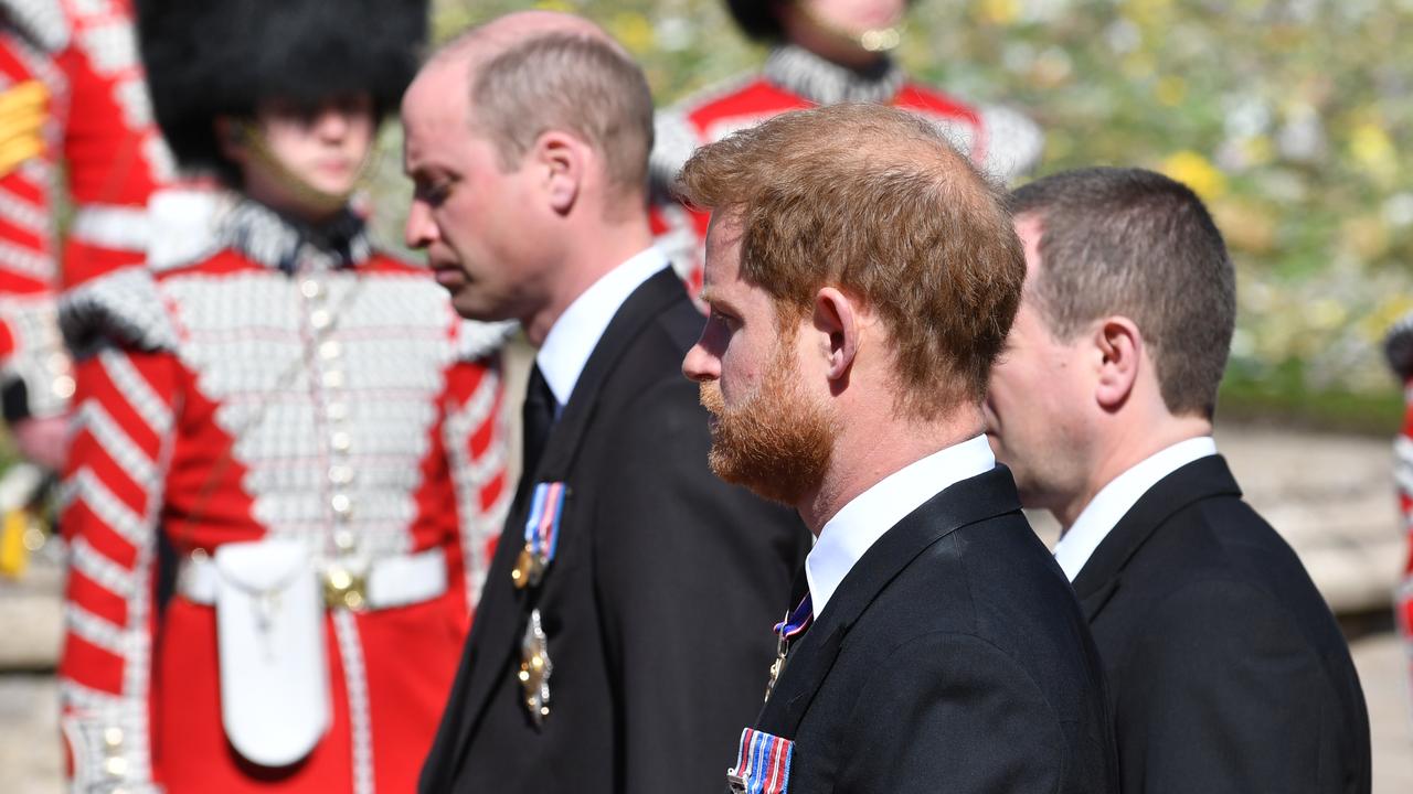 William and Harry were separated by their cousin at the funeral. Picture: Mark Large-WPA Pool/Getty Images.