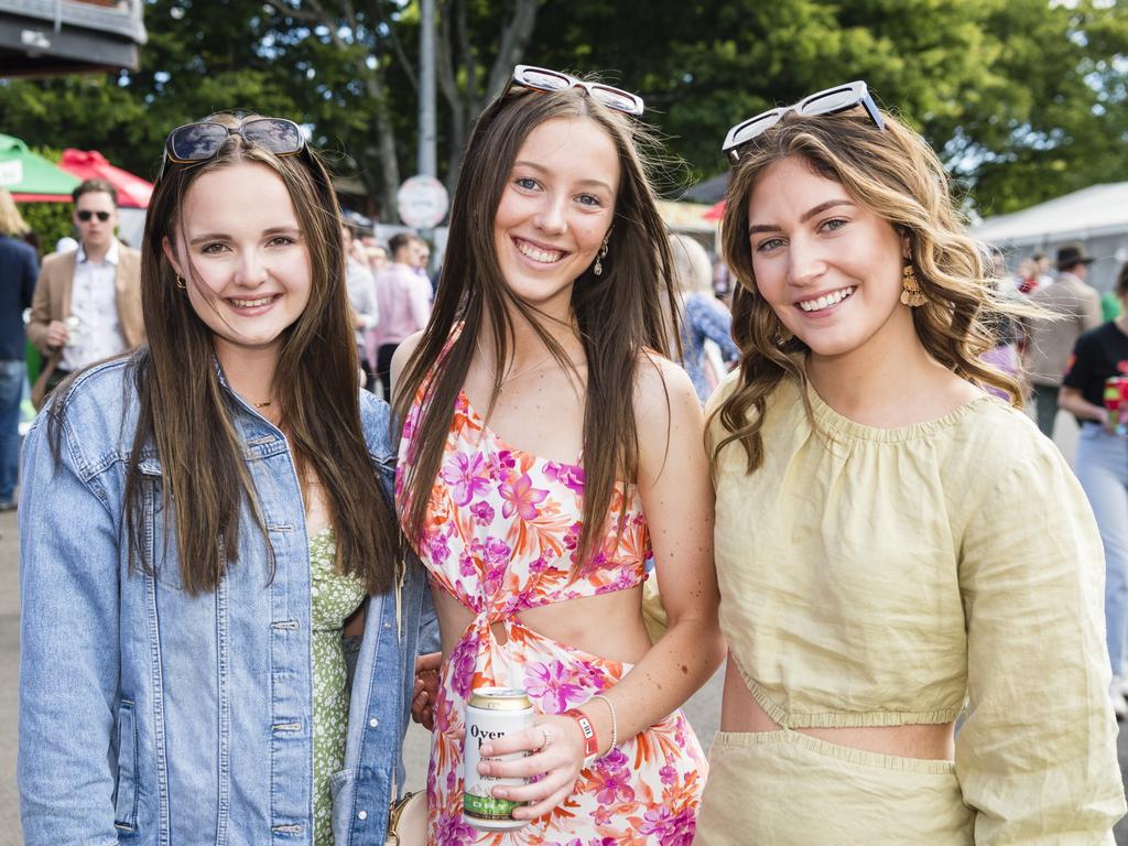 At 2023 Audi Centre Toowoomba Weetwood race day are (from left) Kyra Bartlett, Emily Newcomb and Hannah Nielsen. Picture: Kevin Farmer