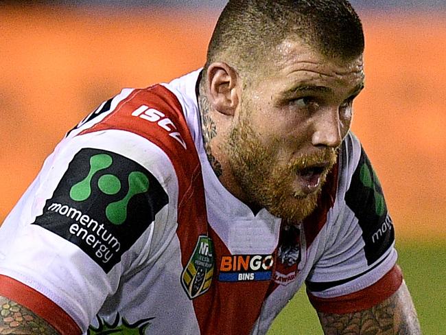 Josh Dugan of the Dragons reacts following his team's win over the Sharks in the Round 3 NRL match between the Cronulla Sutherland Sharks and the St George Illawarra Dragons at Southern Cross Group Stadium in Sydney, Sunday, March 19, 2017. (AAP Image/Dan Himbrechts) NO ARCHIVING, EDITORIAL USE ONLY