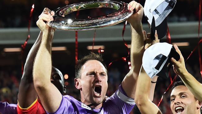 Former captain Eugene Galekovic celebrates Adelaide United’s 2016 A-League grand final victory. Picture: Daniel Kalisz/Getty Images