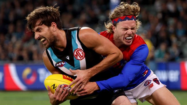 Sam Mayes copped several head knocks playing for the Power. Picture: James Elsby/AFL Photos via Getty Images