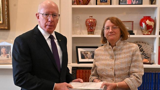 The report into Robodebt handed down by Commissioner Catherine Holmes AC SC was linked to the suicides of at least two welfare recipients targeted by the scheme. Ms Holmes is pictured with Governor-General David Hurley.