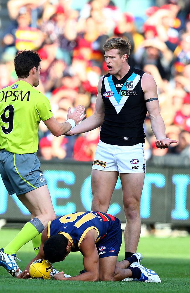 “I definitely don’t get in his ear because you know at any moment he could pop up and do some damage,” Tom Jonas says of playing on Eddie Betts. Picture: Sarah Reed.