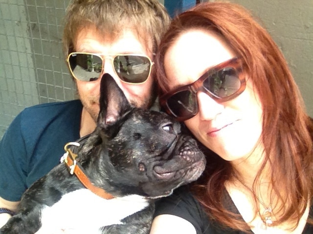 Bruno the French Bulldog with owners Neil and Kristina Maccabee. Bruno died en route from Townsville to Sydney after the airline allegedly left Bruno on the tarmac in the sun. Picture: Supplied