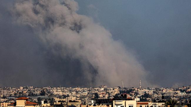 A picture taken from Rafah shows smoke billowing over Khan Yunis in the southern Gaza Strip, during Israeli bombardment on January 20, 2024, amid ongoing battles between Israel and the Palestinian militant group Hamas. Picture: AFP