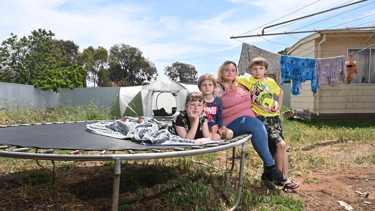 Sarah Wade lives in a tent in her mum's backyard with her kids Allysha, Dominic and Logan. Picture: Keryn Stevens