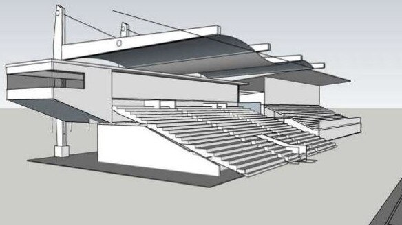 A conceptual image of the proposed grandstand complex with the corporate box (presumably) visible in the forground.