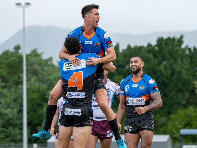 Robert Derby of the Northern Pride celebrates during the round 16 match against the Mackay Cutters on Saturday. Picture Emily Barker.