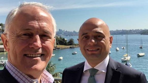 Malcolm Turnbull yesterday hosted “good friend of Australia’’ UK Home Secretary Sajid Javid for tea. Picture: Instagram @turnbullmalcolm