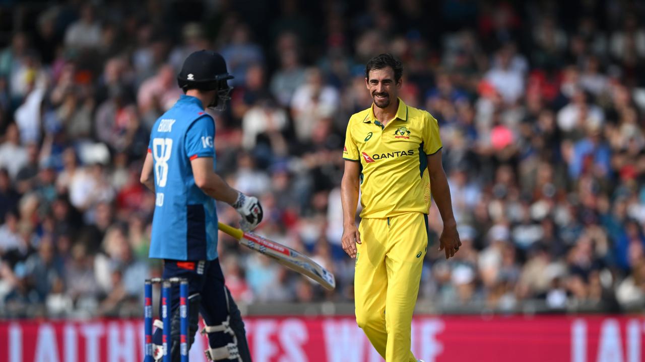 LEEDS, ENGLAND – SEPTEMBER 21: Australia bowler Mitchell Starc smiles after dismissing England captain Harry Brook during the 2nd Metro Bank ODI between England and Australia at Headingley on September 21, 2024 in Leeds, England. (Photo by Stu Forster/Getty Images)