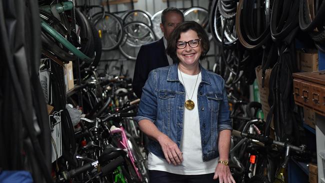 Batman and Robin Hood: Bill Shorten skulks in the shadows as Labor's candidate for Batman, Ged Kearney, is all smiles. Picture: AAP