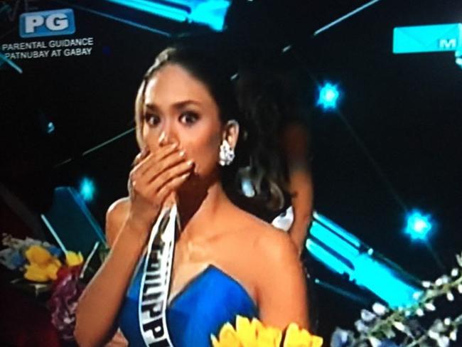 Massive mistake ... Miss Philippines looks shocked as her name is read out as the winner after the host made an error during the Miss Universe 2015 pageant. Picture: Twitter