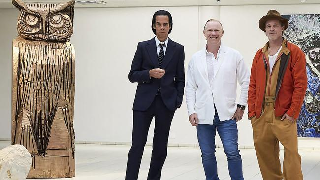 Australian musician Nick Cave, Thomas Houseago, and Brad Pitt at The Sara Hilden Art Museum in Tampere, Finland. Picture: AFP