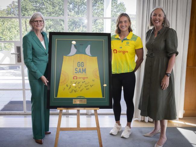 Governor-General Sam Mostyn meets Liz Ellis (Chair) and Liz Watson (Captain) from Netball Australia at Government House, Canberra. Picture: Andrew Dakin