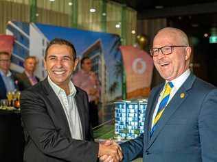 Sunshine Coast Mayor Mark Jamieson and property developer and mayoral campaign donor Walter Iezzi at the official launch of his latest project ahead of formal council approval. Picture: Cade Mooney Photographer