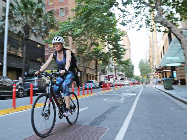 Sydney has been introducing cycleways, such as this temporary one in Pitt St in the CBD, to improve cyclist safety.