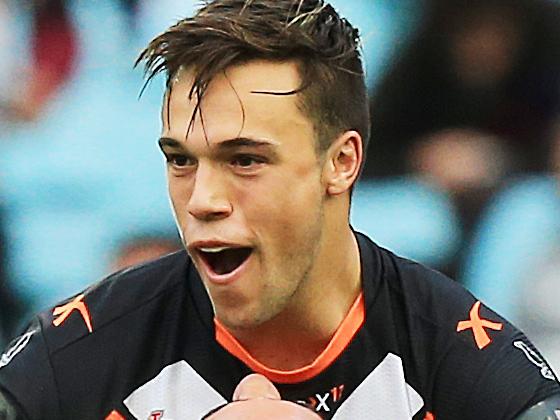 Luke Brooks celebrates a try during the Wests Tigers vs Canterbury Bankstown Bulldogs NRL round 19 game at ANZ Stadium .. pic Mark Evans