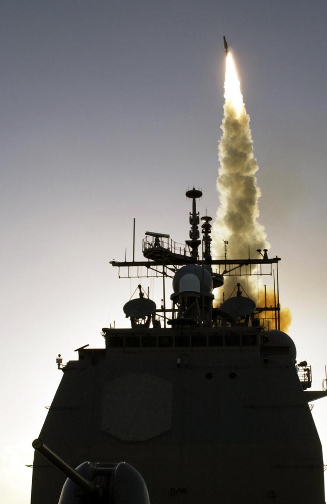 A Standard Missile-3 (SM-3) being launched from the Aegis cruiser USS Lake Erie as part of the Missile Defense Agency's latest Ballistic Missile Defense System (BMDS) test to defeat a medium range ballistic missile threat. Picture: US Navy