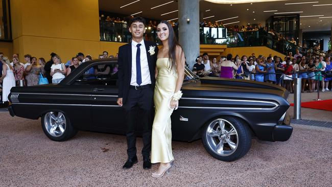 Louis Heising and his date arrive at the Trinity Bay High School formal evening, held at the Cairns Convention Centre. Picture: Brendan Radke