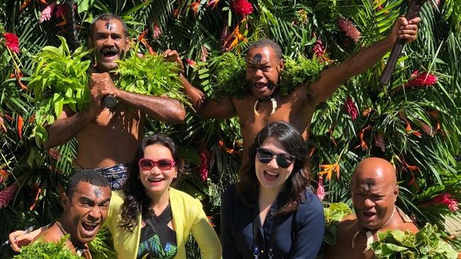 Journalist Cheng Lei, left, on a work trip in Fiji.