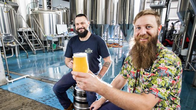 Ballistic Beer Co’s Evan Lloyd and head brewer Lachy Crothers pose for a photograph at Ballistic Beer Co. in Salisbury, Thursday, November 21, 2019 (AAP Image/Richard Walker)