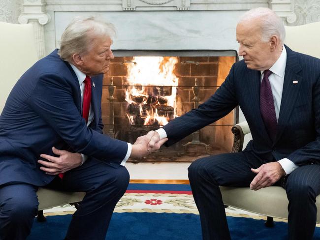 US President Joe Biden shakes hands with US President-elect Donald Trump during a meeting in the Oval Office last November. Picture: AFP