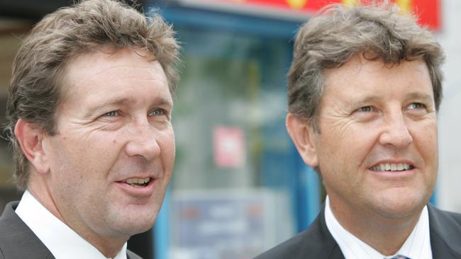 Gregory and Andrew Bell in front of the former Max Christmas real estate building they took over in Surfers Paradise in 2004. Picture: Glenn Hampson