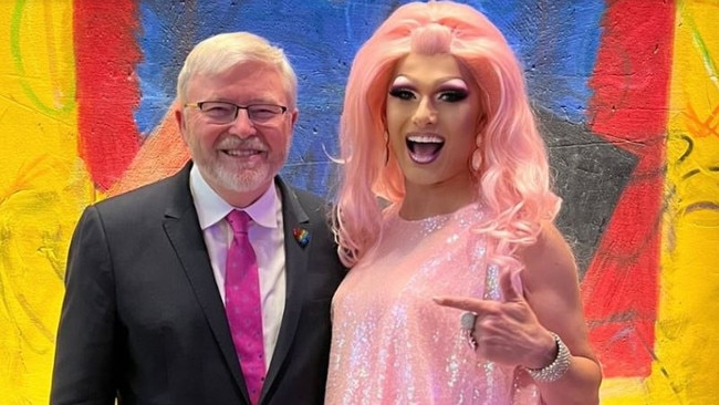 Mr Rudd and drag queen DJ Kitty Glitter in a picture posted to social media about the Pride party. Picture: Supplied