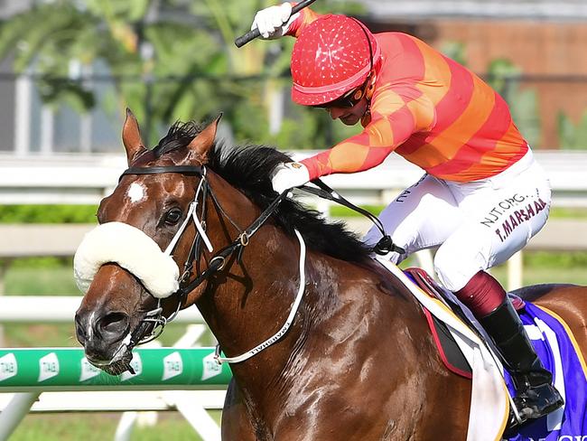 Apache Chase holds off Gotta Kiss to win the Vo Rogue Plate at Eagle Farm. Picture: Trackside Photography