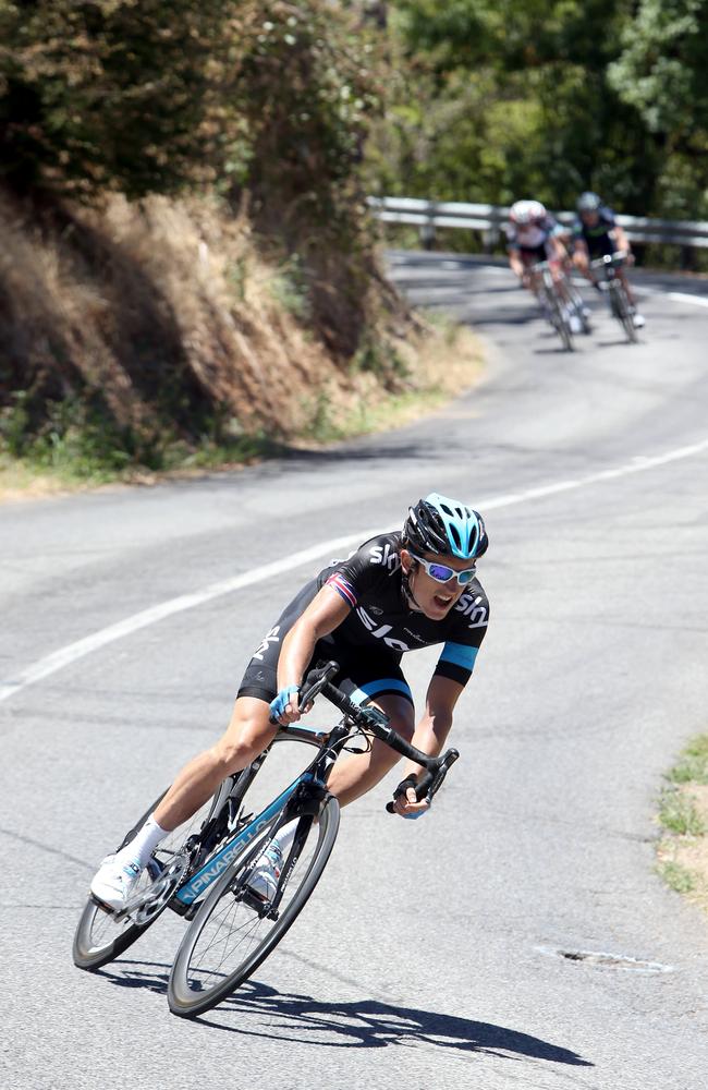 Stage winner Geraint Thomas descends on his way to the finish line after the Corkscrew climb.