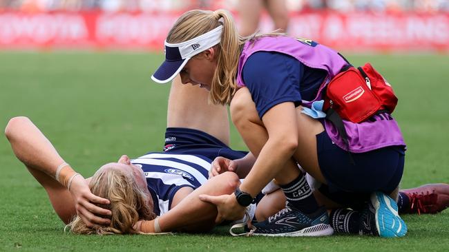 Sam De Koning copped a rough hit against the Suns. Picture: Getty Images