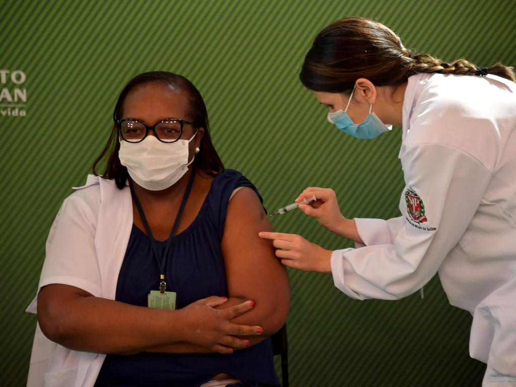 A nurse is inoculated with the CoronaVac Sinovac Biotech's vaccine against COVID-19 coronavirus in Sao Paulo, Brazil. Picture: AFP