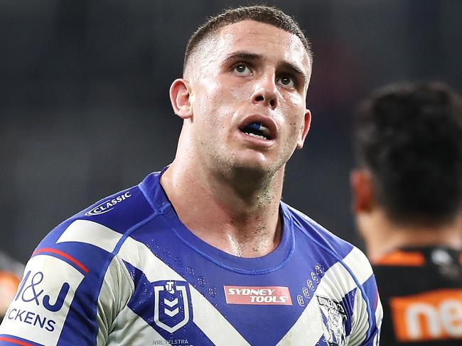 SYDNEY, AUSTRALIA - JUNE 28: Adam Elliott of the Bulldogs looks dejected after a Tigers try during the round seven NRL match between the Canterbury Bulldogs and the Wests Tigers at Bankwest Stadium on June 28, 2020 in Sydney, Australia. (Photo by Mark Kolbe/Getty Images)