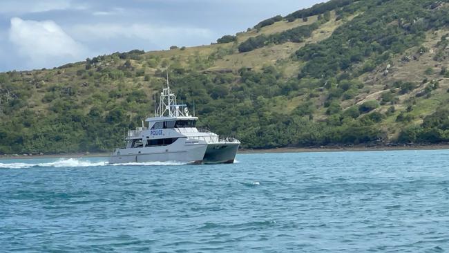 A police boat in waters off Dent Island in the Whitsundays on Sunday.