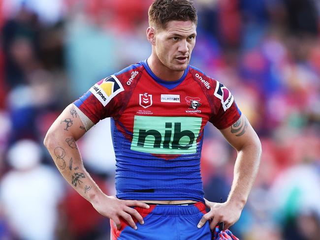 NEWCASTLE, AUSTRALIA - APRIL 24:  Kalyn Ponga of the Knights looks dejected at full-time during the round seven NRL match between the Newcastle Knights and the Parramatta Eels at McDonald Jones Stadium, on April 24, 2022, in Newcastle, Australia. (Photo by Matt King/Getty Images)