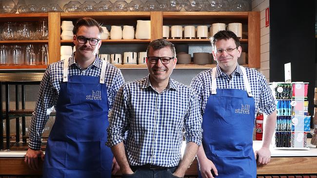 Sam Goldsmith second in charge of the new store, Nick Nikitaras Director of Hill Street Grocer, Euan Wiseman store manager of the news store. Picture: NIKKI DAVIS-JONES