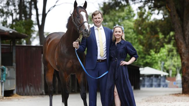 Trainer Bjorn Baker and wife Andrea with Overpass before one of his The Everest tilts. Picture: Richard Dobson