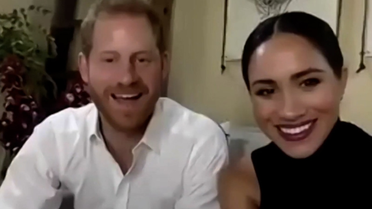 Prince Harry and Meghan Markle in a video call with Malala Yousafzai on International Day of the Girl. Picture: Twitter.