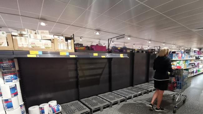 An empty toilet paper shelf at Aldi in Brookvale on December 19.