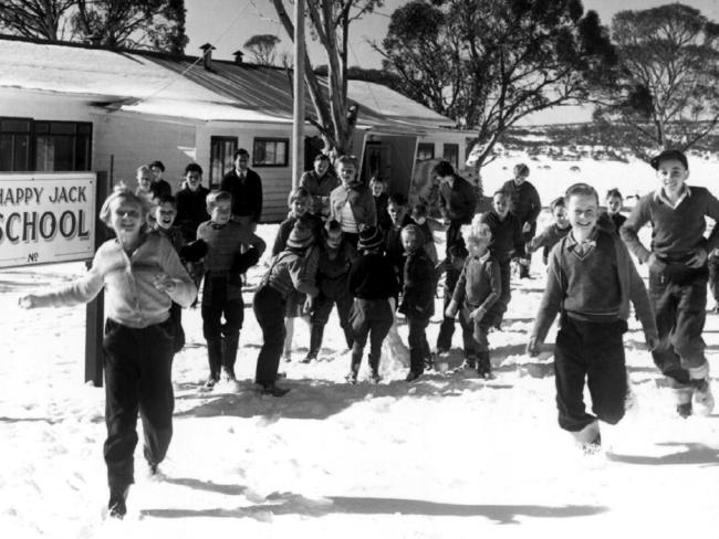 Students of Happy Jacks school leave class in 1956.