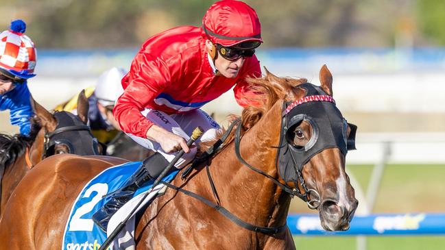 Benagil, ridden by Mark Zahra, wins the Australasian Oaks at Morphettvilleon Saturday. Picture: Makoto Kaneko