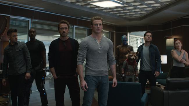 Hawkeye/Clint Barton (Jeremy Renner), War Machine/James Rhodey (Don Cheadle), Iron Man/Tony Stark (Robert Downey Jr.), Captain America/Steve Rogers (Chris Evans), Nebula (Karen Gillan), Rocket (voiced by Bradley Cooper), Ant-Man/Scott Lang (Paul Rudd) and Black Widow/Natasha Romanoff (Scarlett Johansson). Picture: Film Frame/Marvel Studios