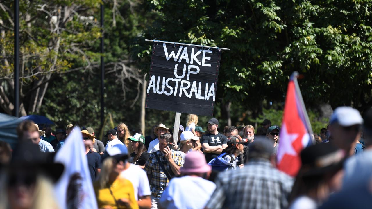 People gather for a large protest to rally for freedom of speech, movement, choice, assembly, and Health in Brisbane. Picture: NCA NewsWire / Dan Peled