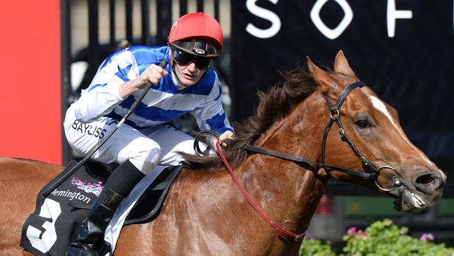 Jockey Regan Bayless on Redkirk Warrior on his way to winning race 4 the Bobbie Lewis Quality on Maybe Diva Stakes Day at Flemington Racecourse in Melbourne, Saturday, September 16, 2017. (AAP Image/Mal Fairclough) NO ARCHIVING, EDITORIAL USE ONLY