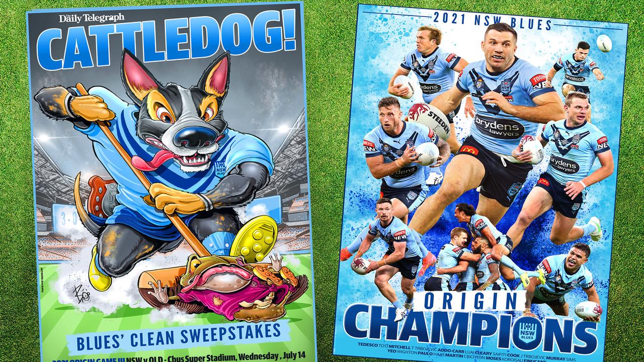 Commemorative NSW Blues State of Origin posters from artist Boo Bailey.