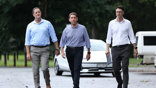 Member for Caloundra Jason Hunt, Deputy premier Cameron Dick and Transport minister Bart Mellish arrive at Beerwah on Sunday to announce the direct Sunshine Coast rail project. Picture Lachie Millard