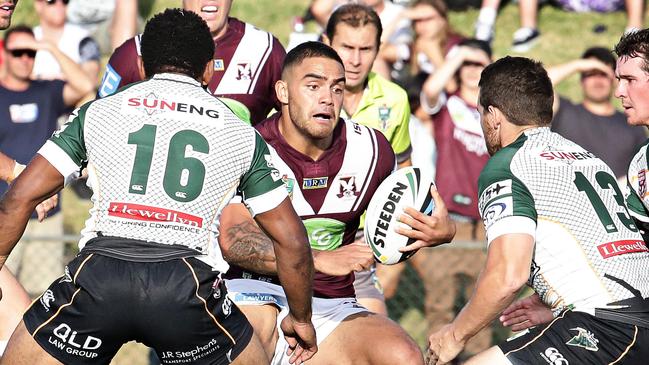 20/2/16 Dylan Walker from Manly Sea Eagles makes a run in Manly's 58-0 win. Manly Sea Eagles trial match against Ipswich Jets at Pittwater park on Saturday afternoon. Adam Yip/The Daily Telegraph